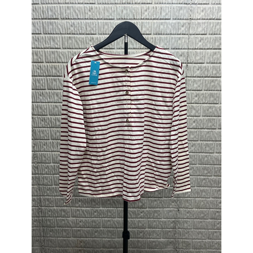 Cupshe Womens Striped Henley Long Sleeve Top Burgundy Cream Small CAA04C4G019GJ